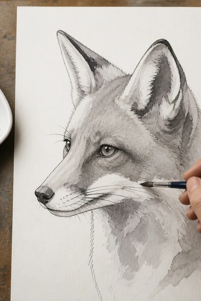 Fox outline drawn in ink with a light gray wash on the cheeks and neck