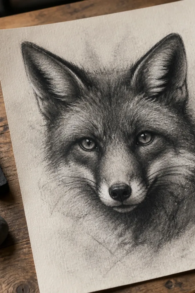 Fox head in charcoal with lifted highlights on the muzzle and brow
