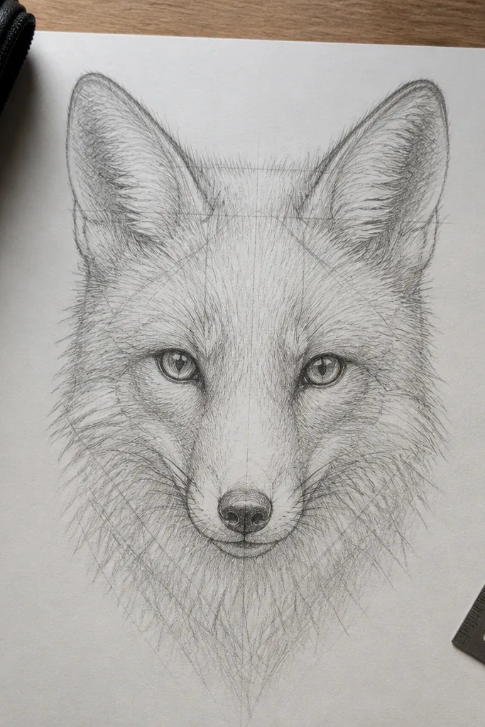 Fox head with light construction lines and limited fur texture in shadow zones