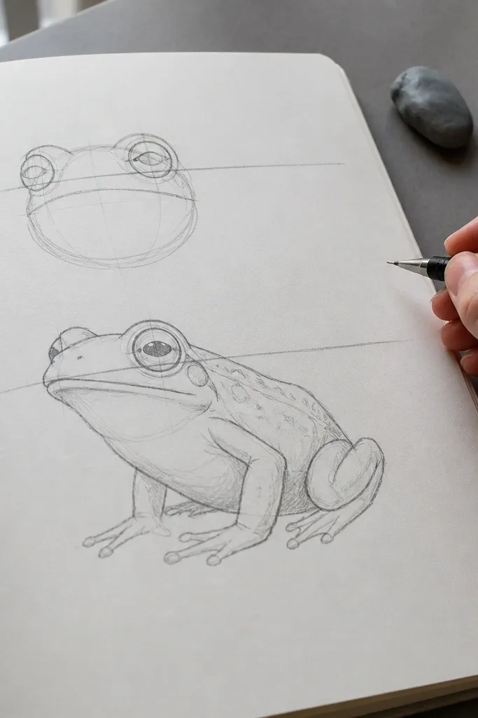 Simple green frog sketch with a clear eye-line and four leg joints