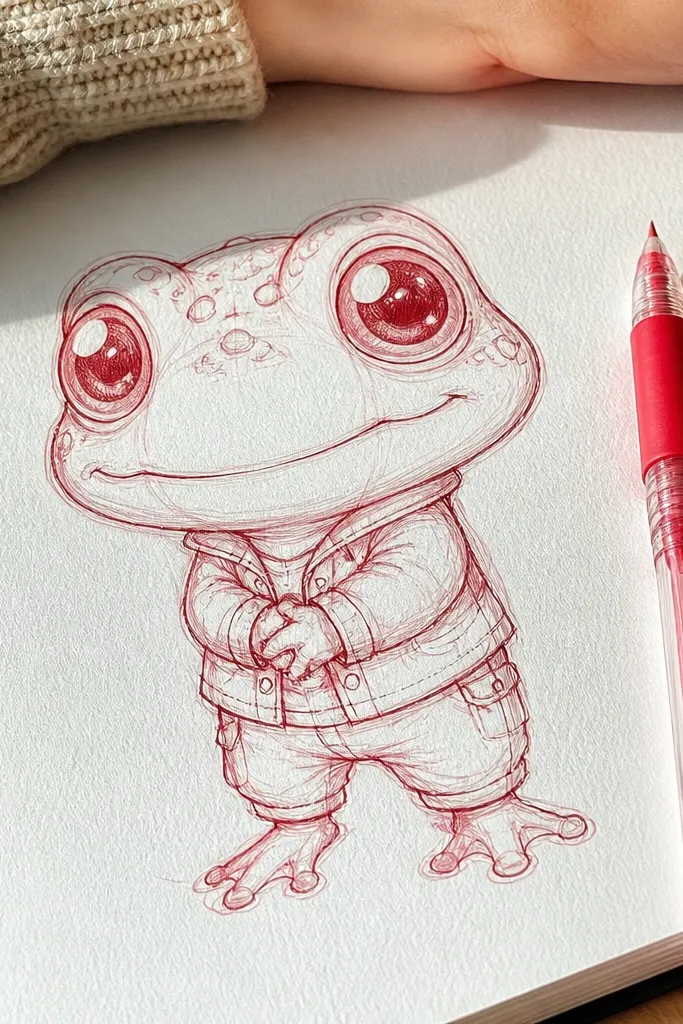 Cute chibi frog with a large head, tiny feet, and simple smile