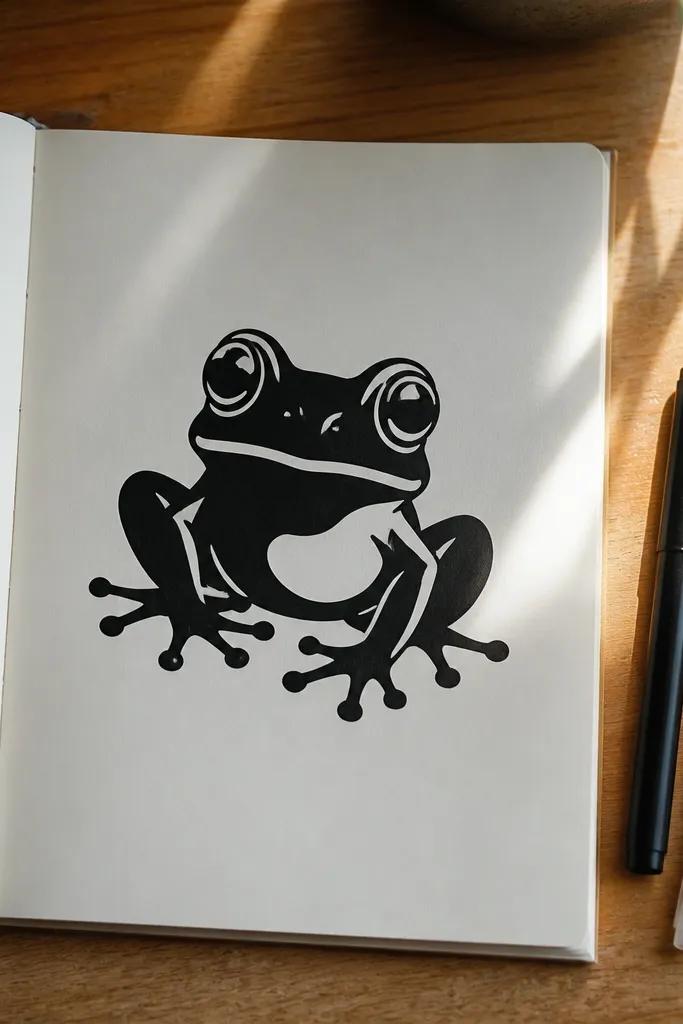 Bold black frog silhouette with small white highlight marks