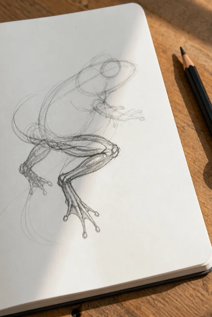 Pencil frog in a simple pose with clean mass shapes and minimal lines