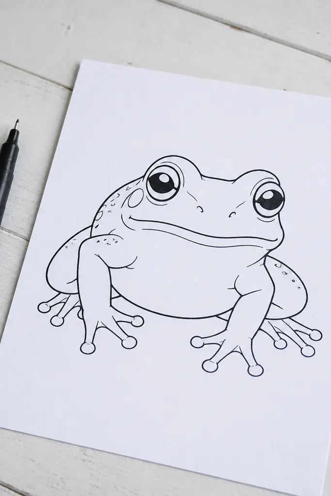 Clean line drawing frog with a curved mouth and cheek lines