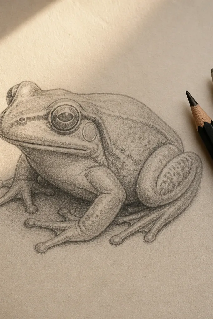 Pencil frog with bold outline and soft shadow under the chin