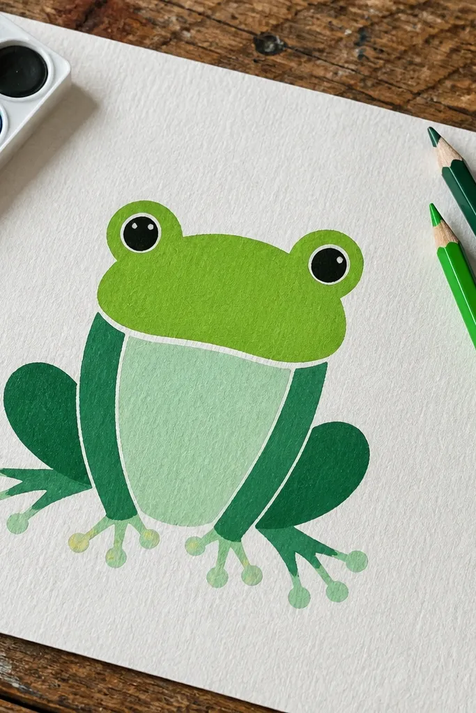 Color-block frog made of three flat shapes with simple eye dots