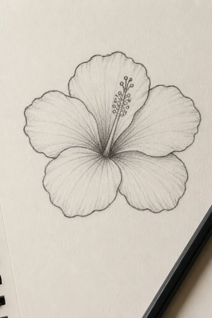 Pencil hibiscus sketch with five petals and a teardrop center