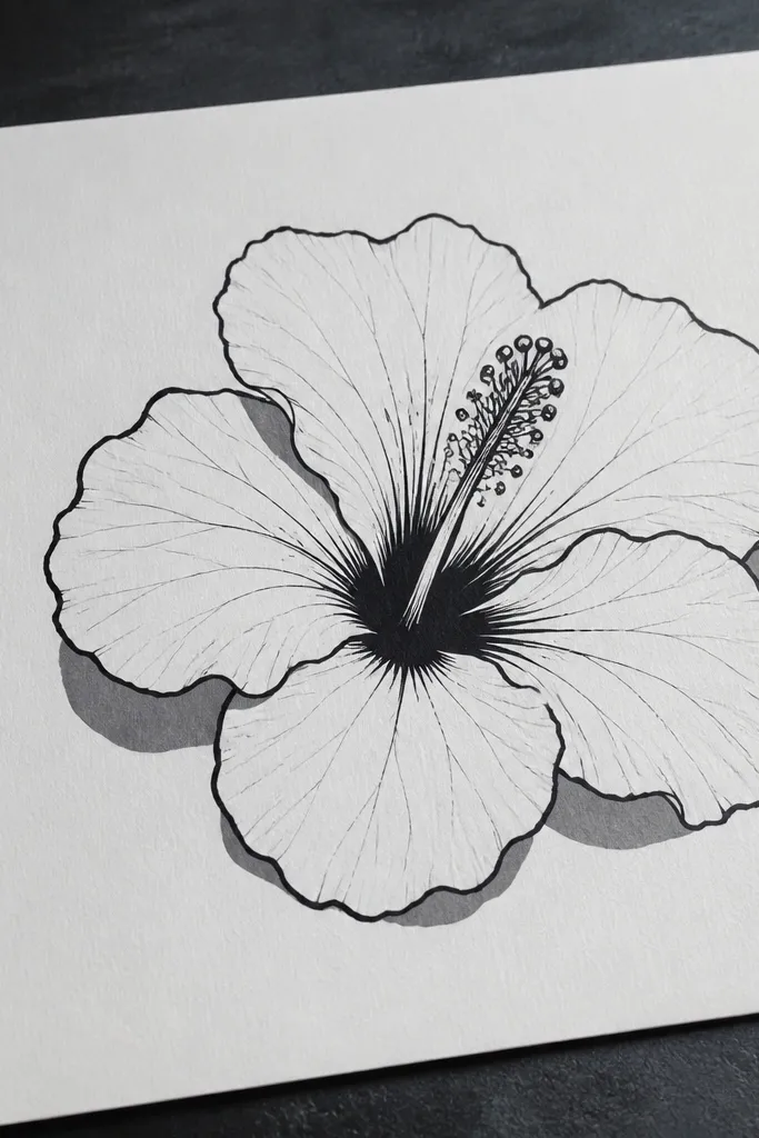 Ink hibiscus outline with three simple dark shadow blocks