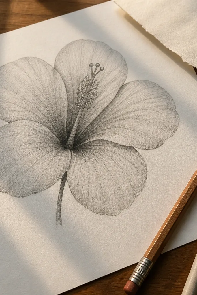 Soft shaded pencil hibiscus with smooth transitions on petals