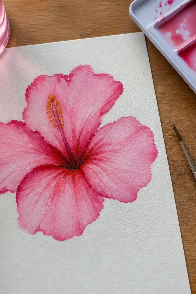 Watercolor hibiscus with soft wash petals and sharper edges near the outline