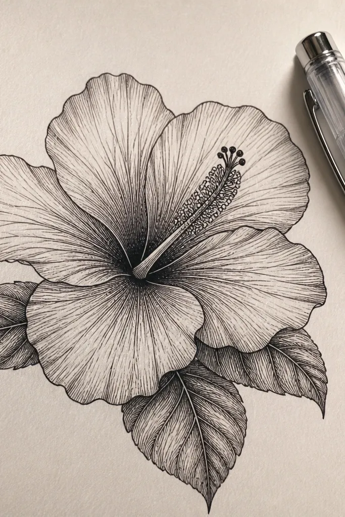 Gel pen hibiscus with clean vein lines and dotted center texture