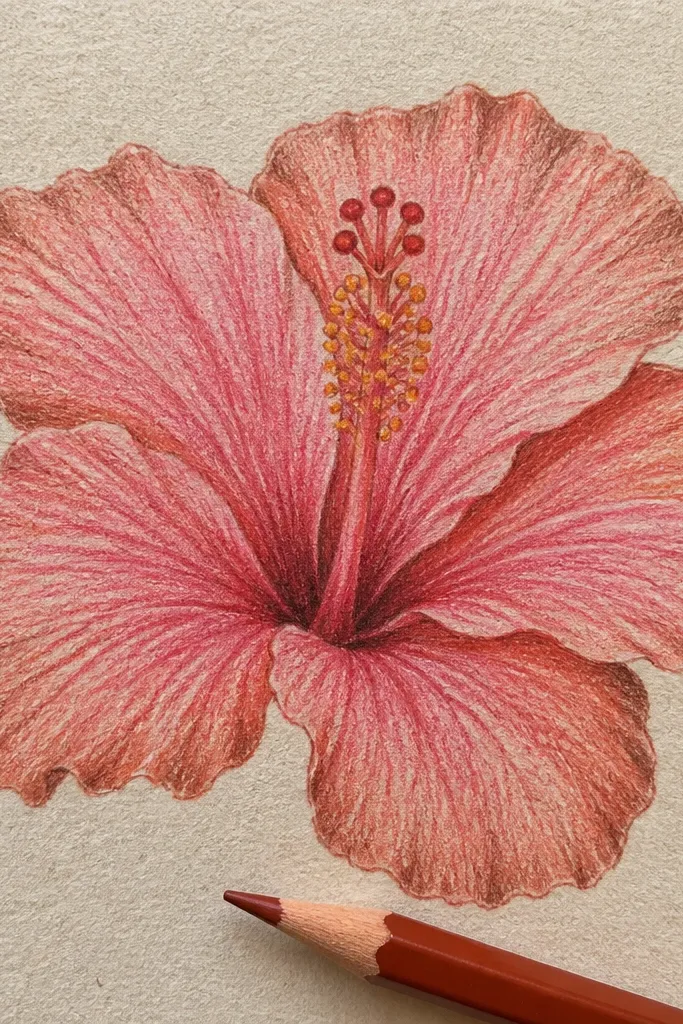 Colored pencil hibiscus with darker burnt rim edges and light center