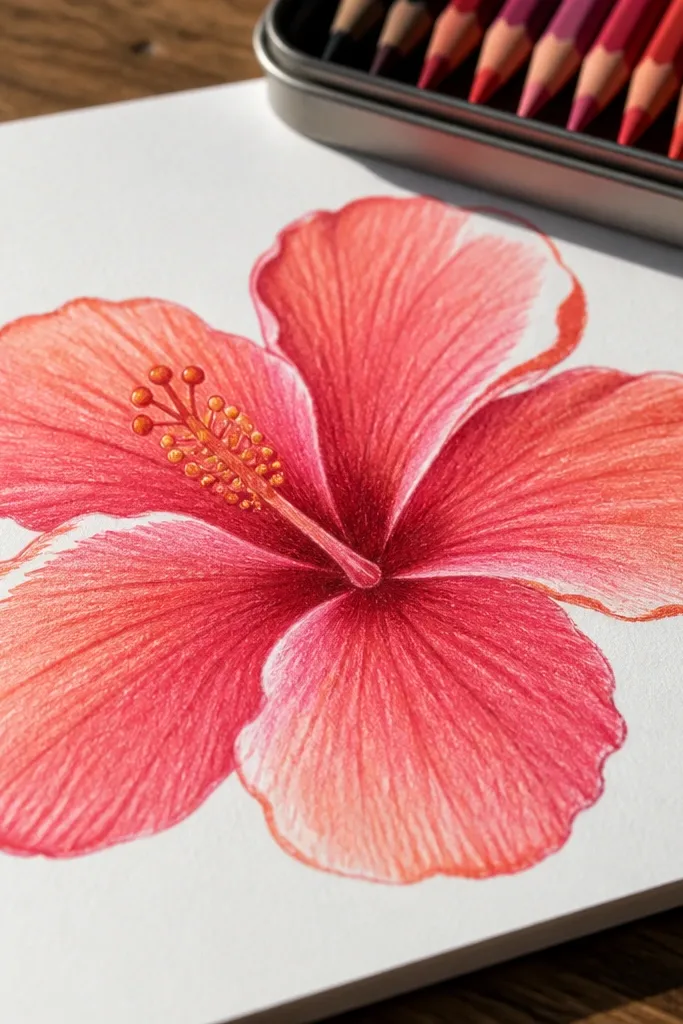 Two-tone hibiscus drawing with one clear highlight strip per petal