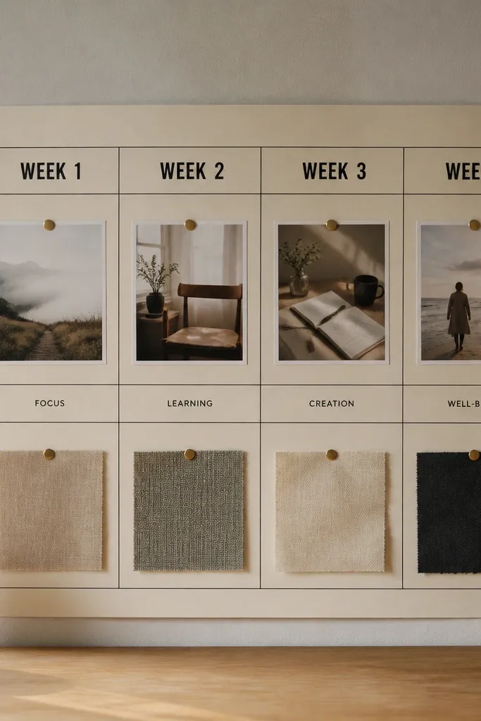 Cream paper grid with black study tabs and small pinned photos