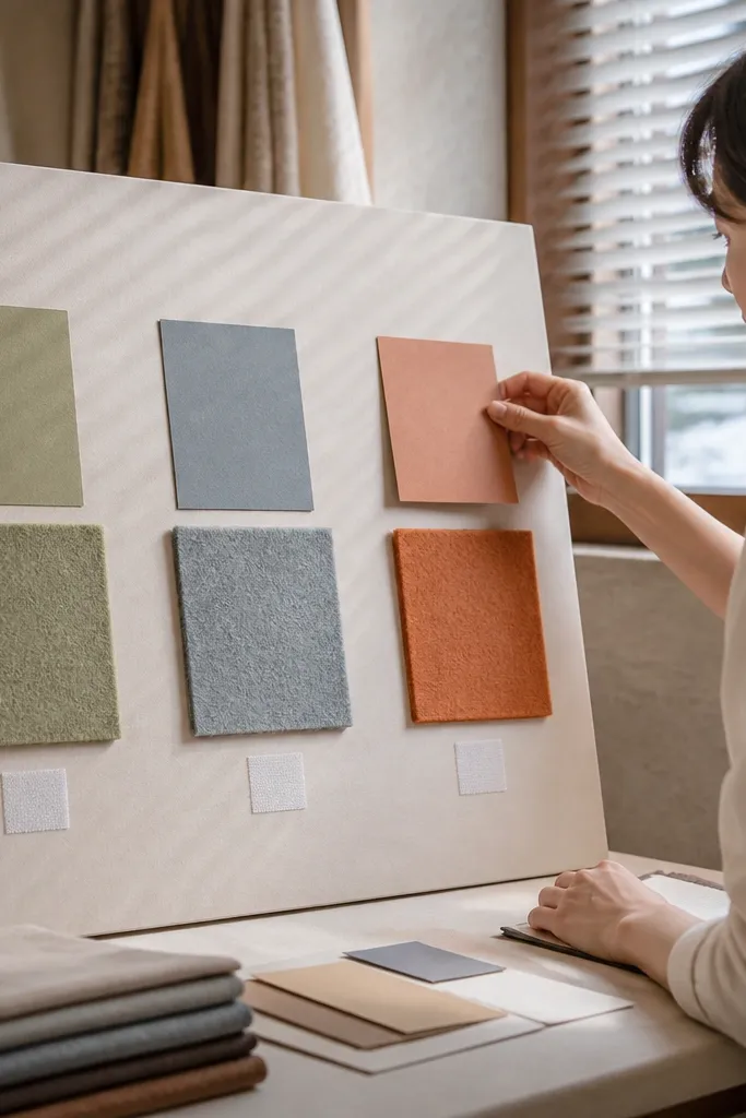 Beige fabric swatches on a board with velcro squares holding study notes