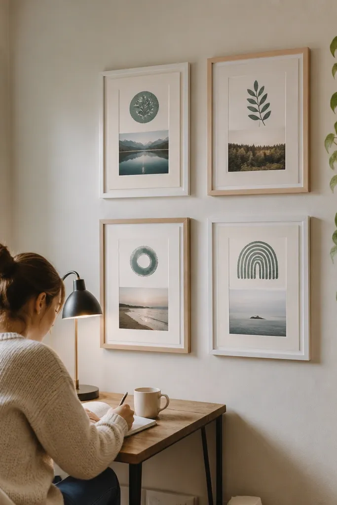 Three small frames with one-word study prompts and minimal photos