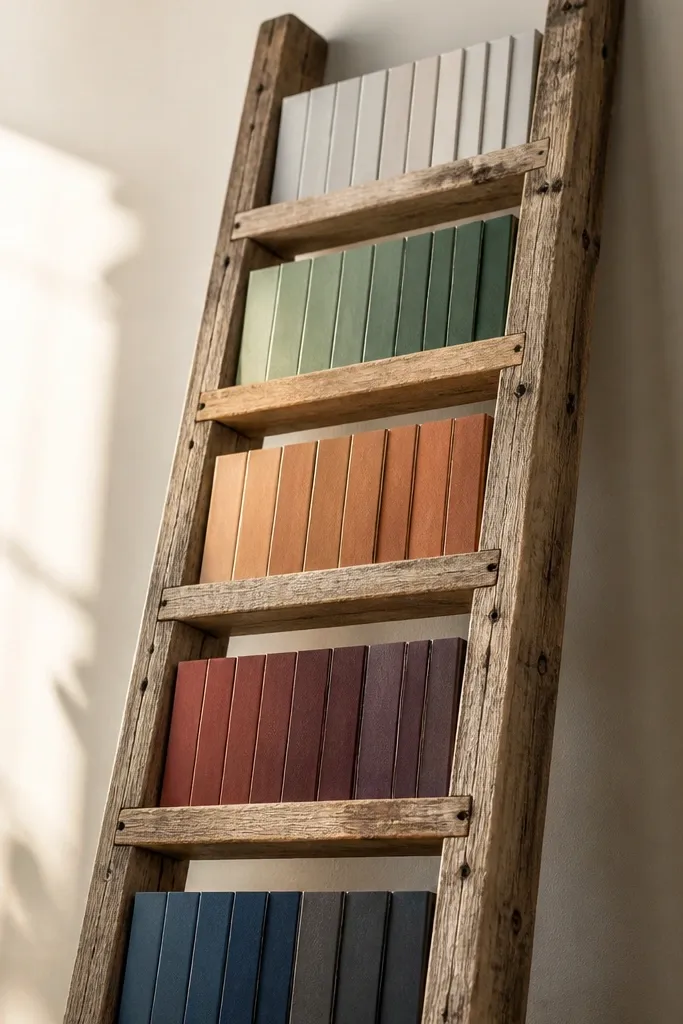 Upcycled wooden ladder with pinned book-spine style cards by subject