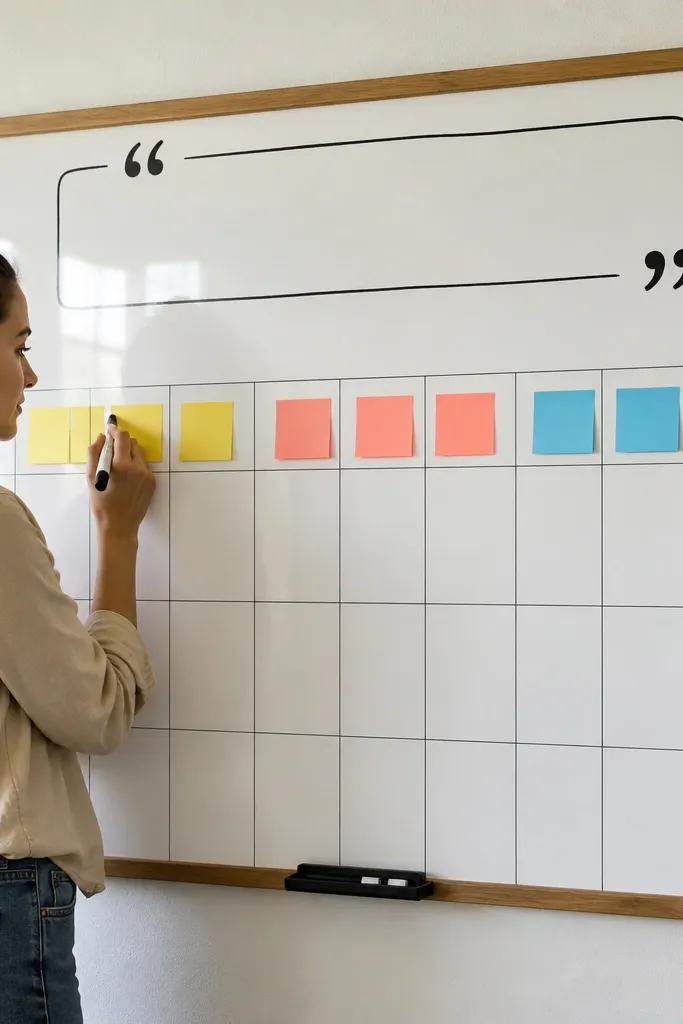 Whiteboard surface with colored sticky tabs and short dry erase study goals