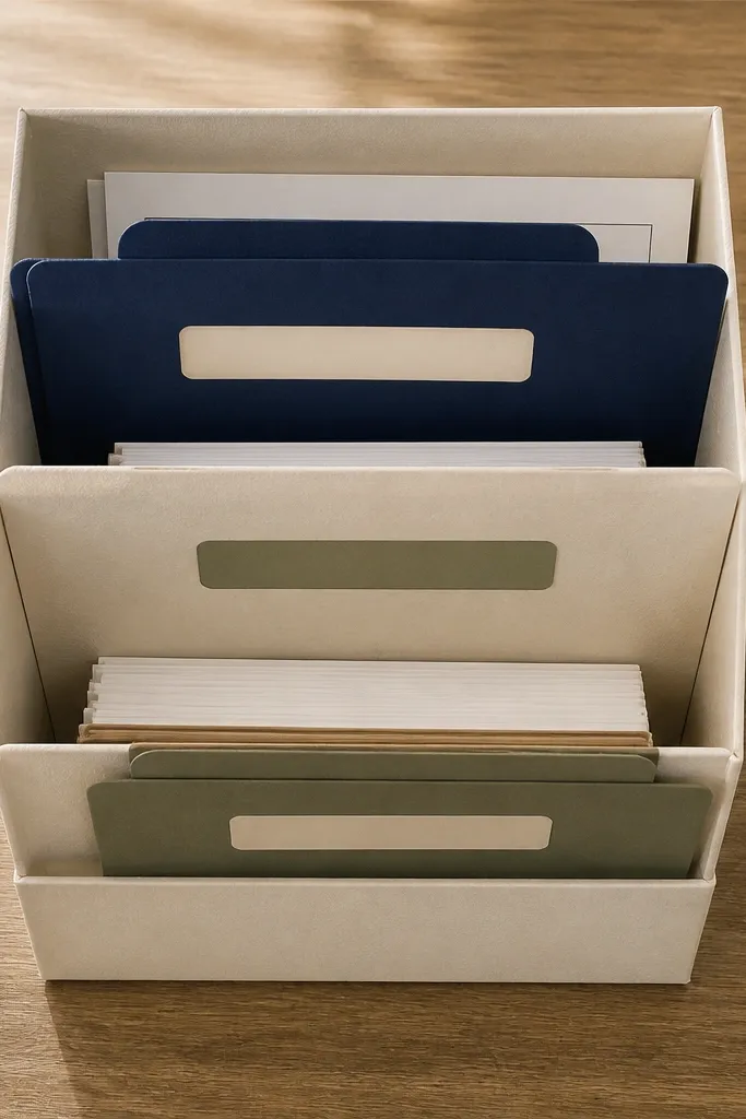 Tiered cereal-box organizer board with labeled compartments and study cards