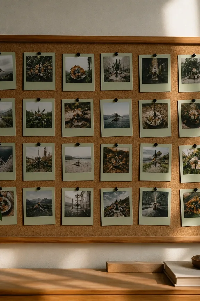 Polaroid-style photos with a single color border around each card