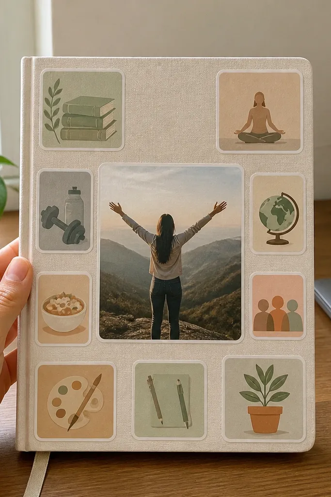 Decorated notebook cover with a central goal card and small subject stickers