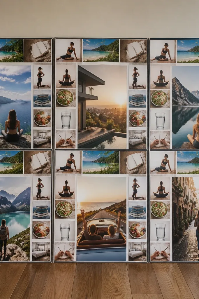 Magazine clippings arranged in one repeated layout with a bold center goal