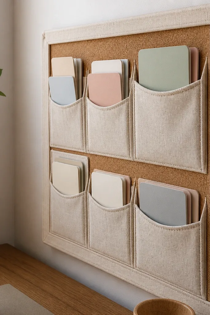 Board with fabric corner pockets holding daily study cards and a central goal