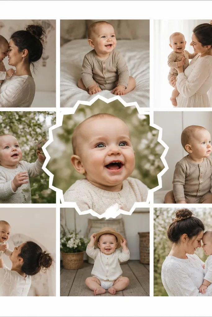 A 12x12 collage on white cardstock: nine equal photo squares in a 3x3 grid, with one center photo enlarged in a "burst" effect using scalloped paper edges.
