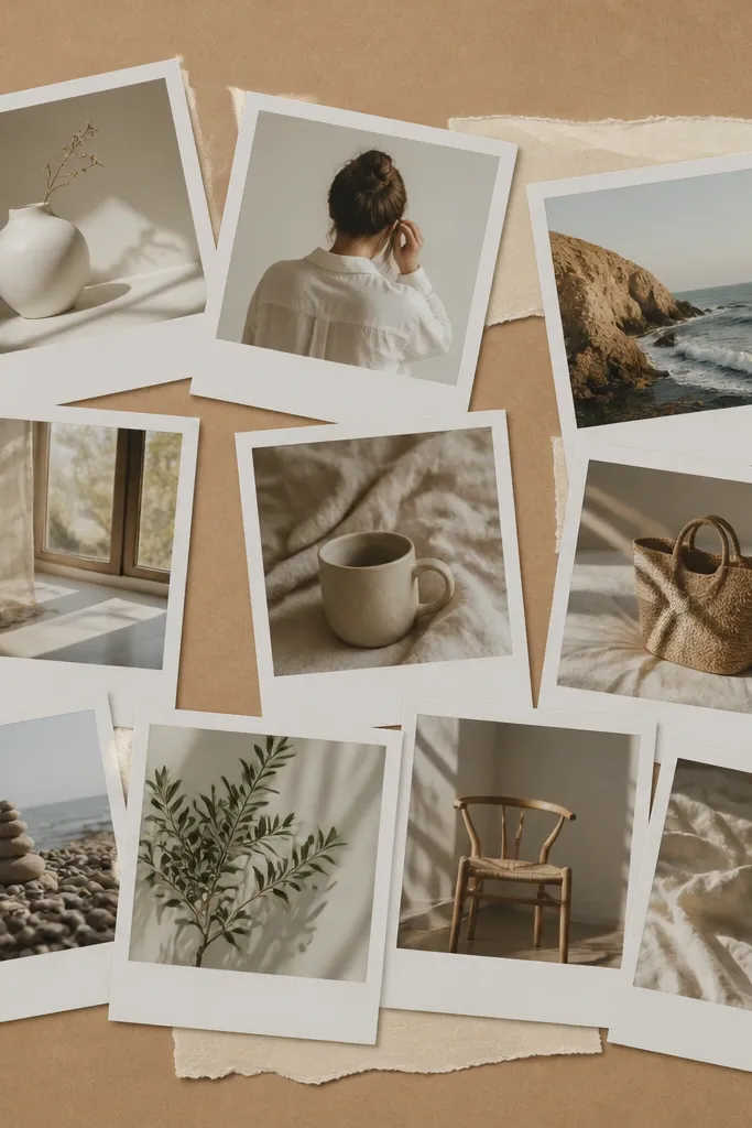 A collage with 10 faux polaroid frames stacked at angles on kraft paper, with torn strips of cream paper behind the stacks.