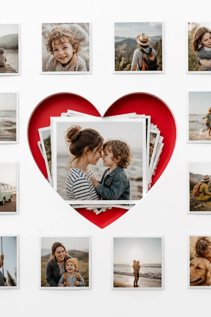 A white background with a large red heart cutout in the center showing a layered photo stack behind it, surrounded by small square photos.