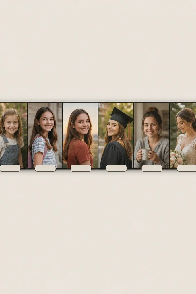 A long horizontal strip collage across a board with photos arranged like a timeline, each separated by thin black lines and small date labels in rounded boxes.