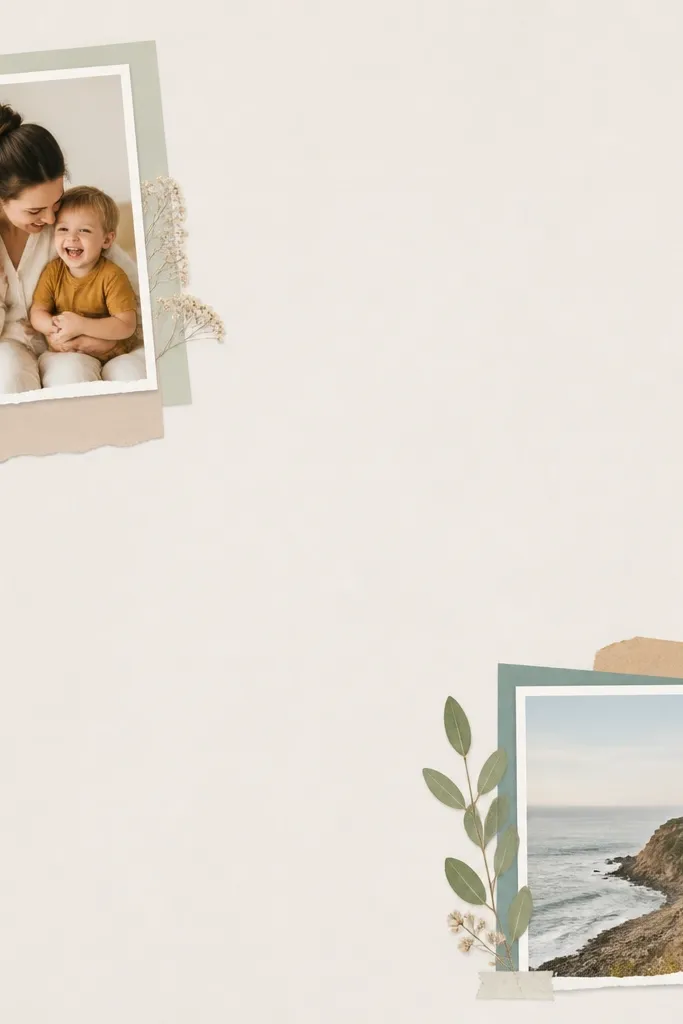 A page with large blank margins and photos placed only in corners using layered paper mats, like a scrapbook layout.