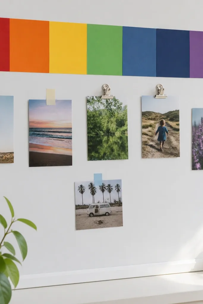 A white board with a rainbow strip along the top edge made of colored paper bands, with small photos clipped or taped underneath.