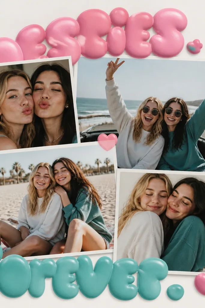 A collage with a few photos arranged in a cluster, surrounded by bubble-letter words like 'besties' and 'forever' in pink and teal.