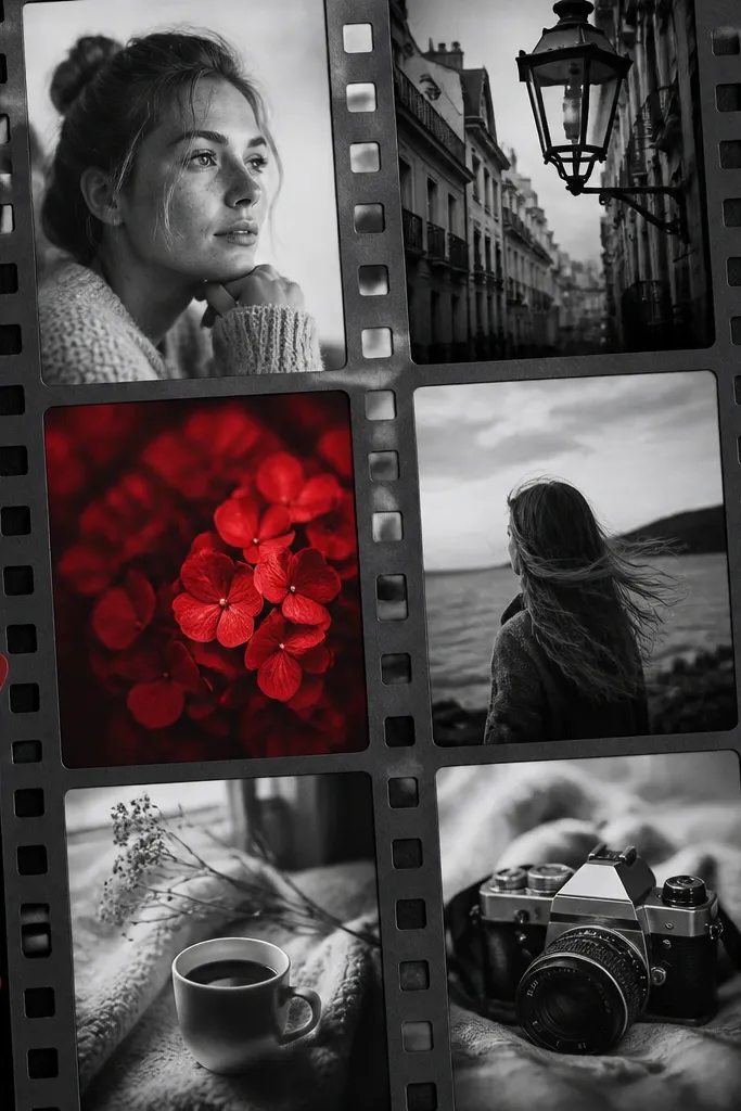 A film strip collage in black and white photos with a single red accent photo and red mini paper hearts on the border.