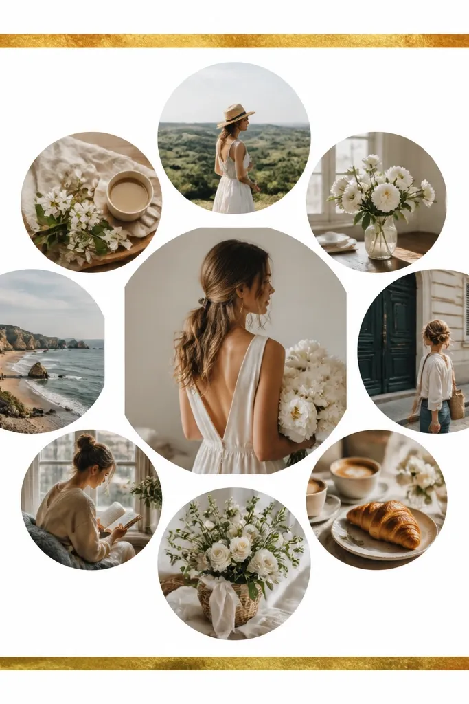 A white background with a gold foil frame sticker border, surrounding a cluster of 9 photos arranged like a wreath.