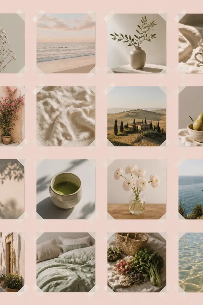 A clean grid of 16 photos with thin washi tape strips only at the corners of each photo, on a pastel background.