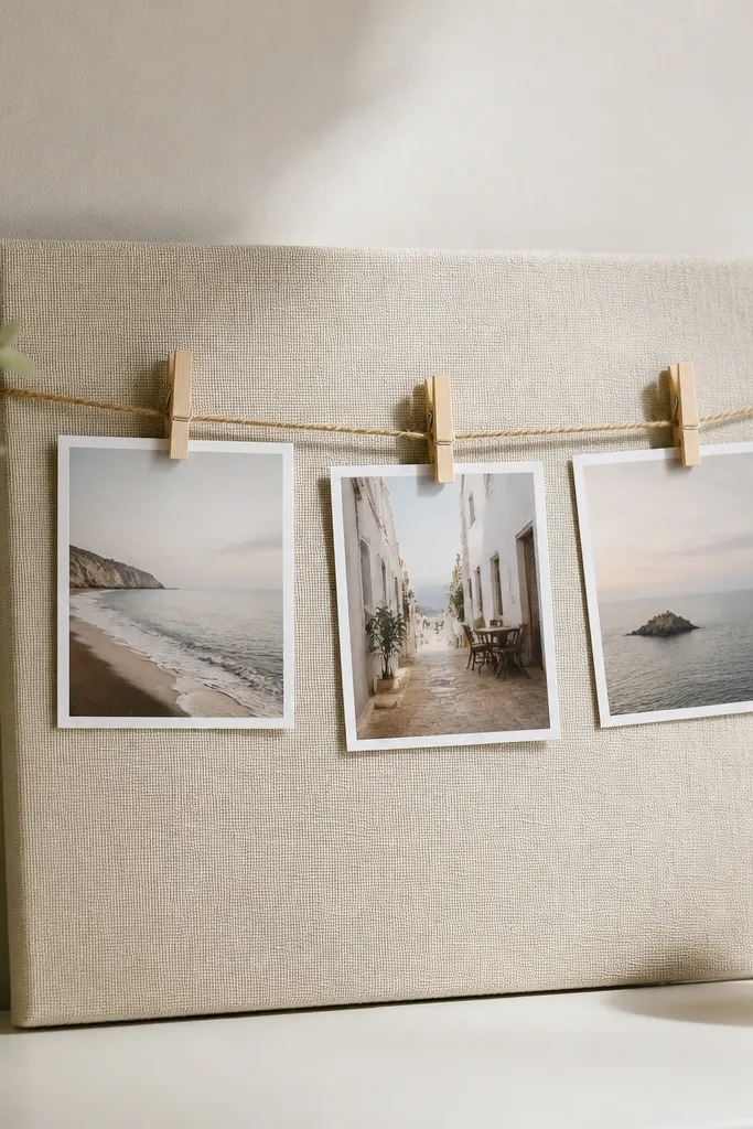 A small fabric-covered board with a string line across it, holding mini photos clipped with wooden clothespins.