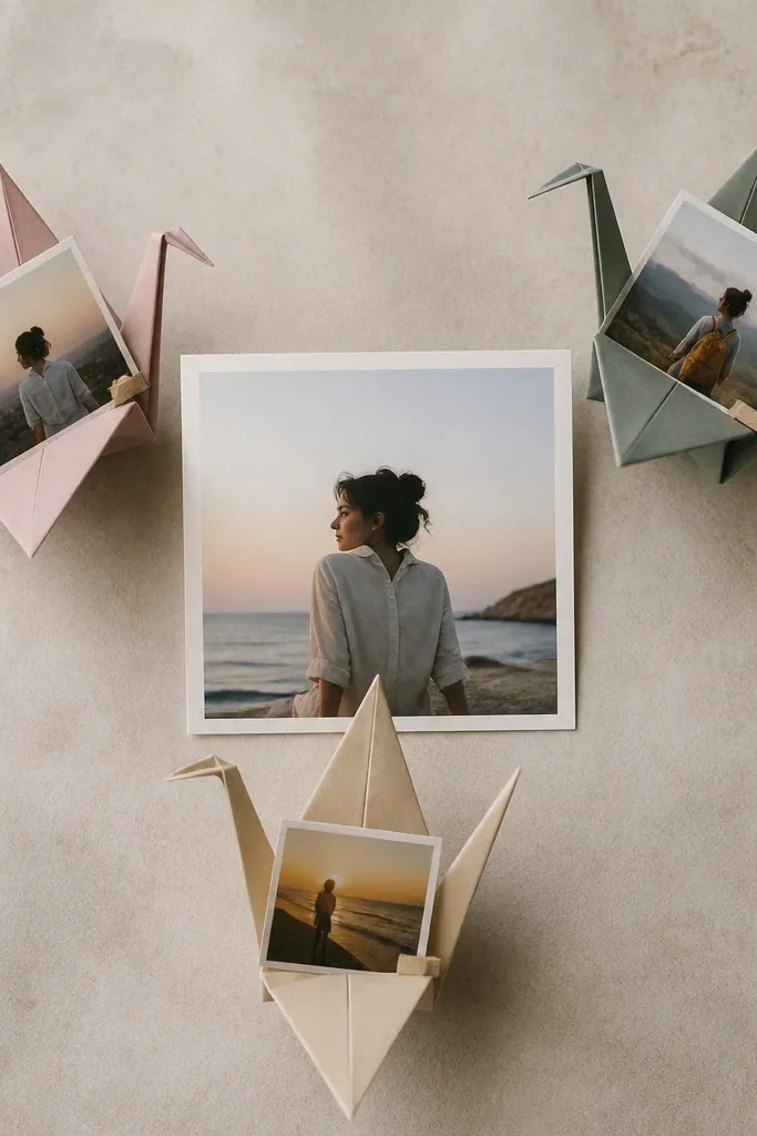 A collage where three small photo squares are attached to folded paper cranes, with the cranes arranged around a central photo.