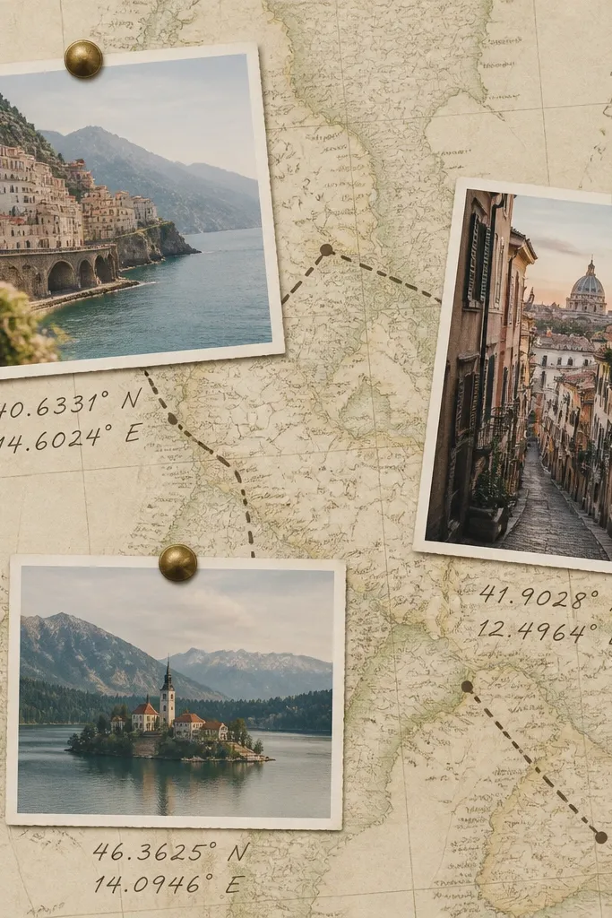 A map-themed collage with a faux map background, three photo pins, and handwritten coordinates near each photo.
