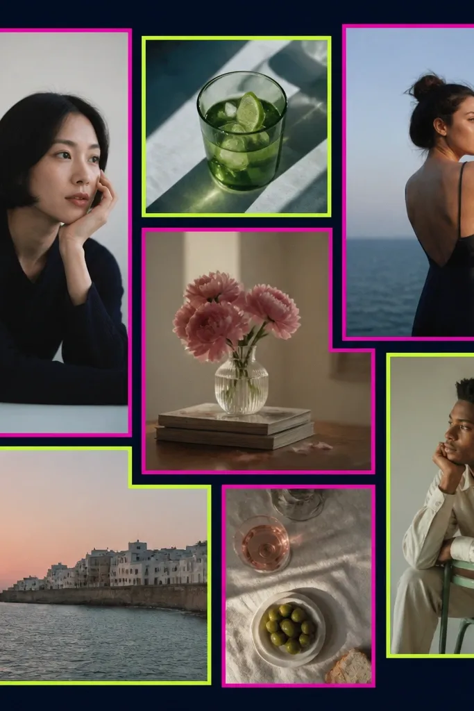 A dark navy background with bright neon outlines around photo blocks in pink and lime, arranged in uneven rectangles.