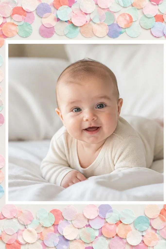 A center photo surrounded by a frame made from small pastel paper confetti dots, with a thin white border around the photo.
