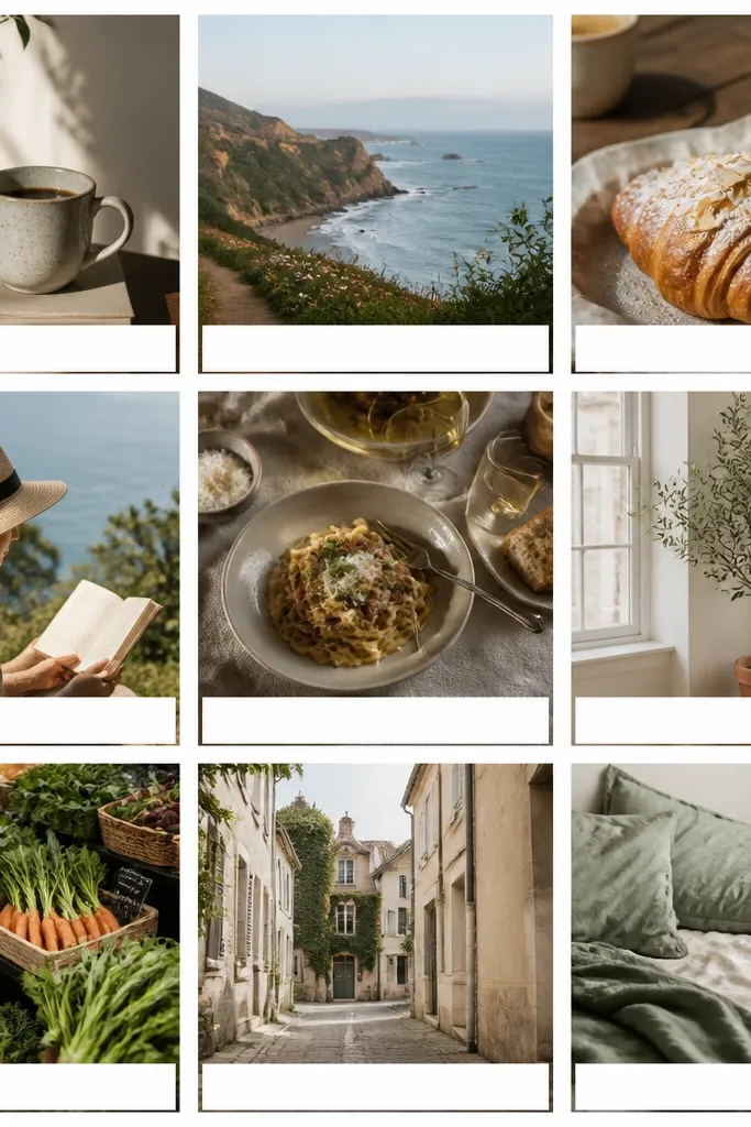 A grid of square photos like a social media feed, each with a tiny caption strip under it in white with black text.
