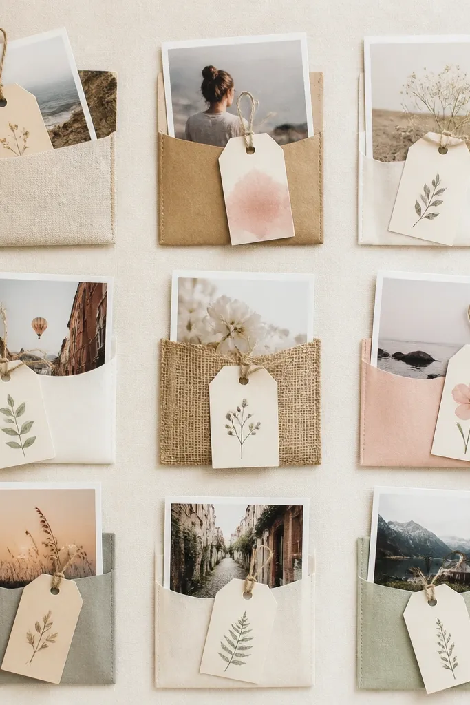 A collage with small photo cards placed inside paper pockets, each pocket topped with a tag holding a mini message.