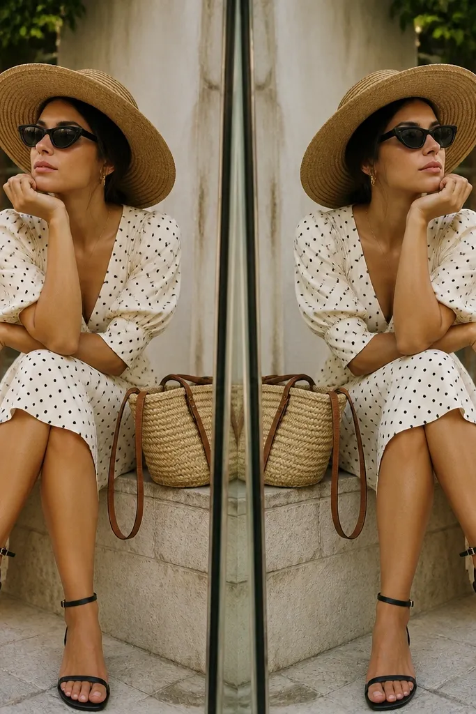 A symmetrical collage split down the middle: left and right photos mirror each other, with matching props like sunglasses or hats repeated in both sides.