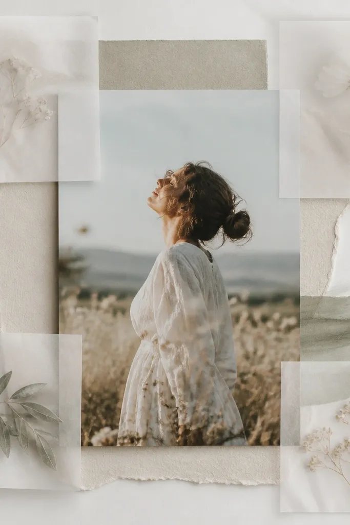 A collage with a central photo and translucent vellum squares in the corners, giving a layered, airy look.