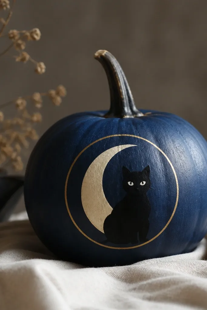 A small orange pumpkin painted dark navy with a pale crescent moon behind a black cat silhouette; the cat has bright white eyes and a thin gold halo ring around the moon.