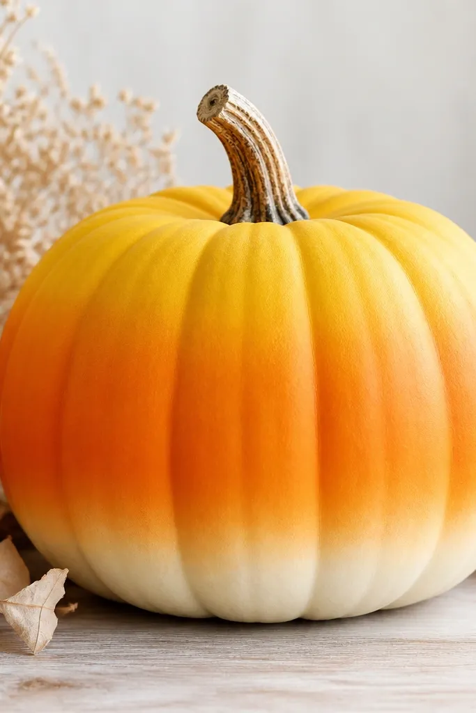 A pumpkin with smooth, blended candy corn colors: warm yellow at the top, orange in the middle, and creamy white at the bottom, with subtle vertical ridge highlights along the pumpkin grooves.