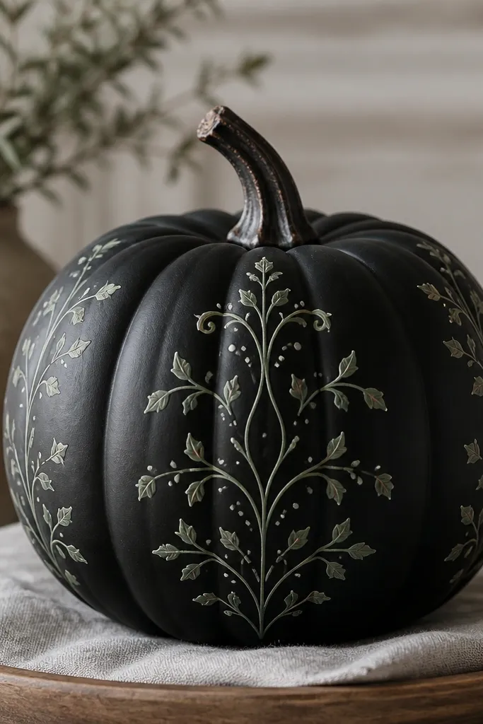 A matte black pumpkin with thin sage-green vine lines and small leaf shapes; tiny white dot accents sit near the leaves, all arranged symmetrically around the center.