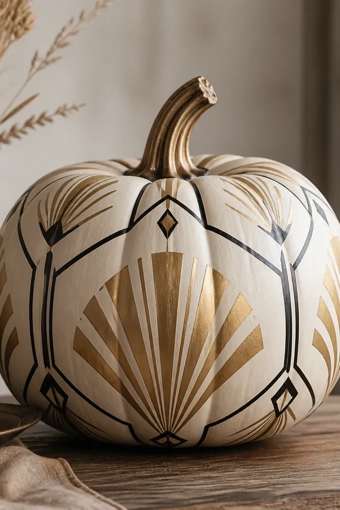 A pumpkin painted cream with gold art deco fan shapes radiating from the center, black geometric outlines, and small diamond accents in the corners.